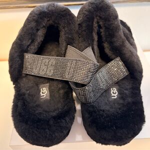 UGG Women's Black Furry Slippers with Rhinestone Strap